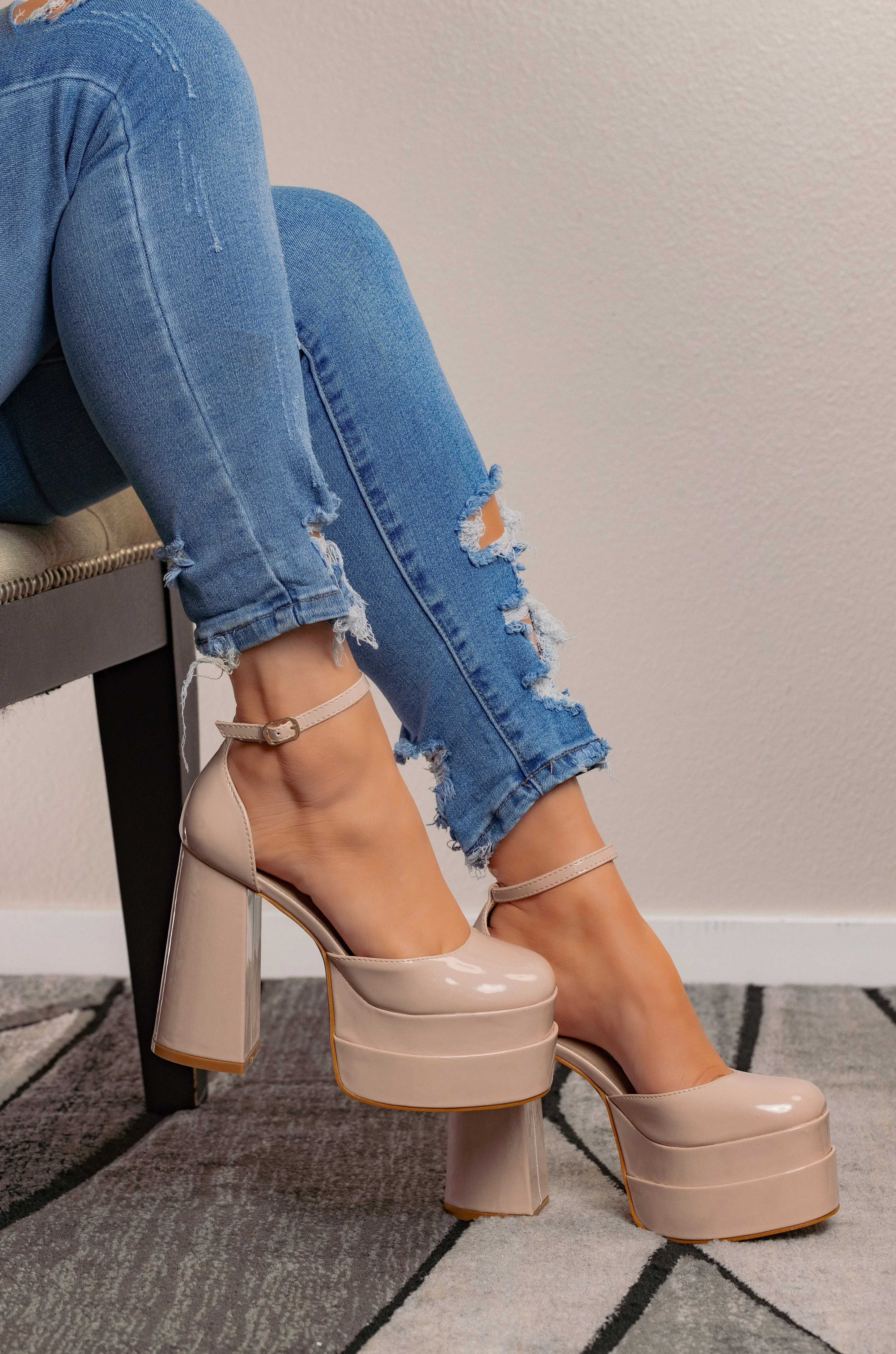 Velvet - Wide Fit Platform Block Heels, Adjustable Ankle Strap & Closed Round Toe, Elegant Party Footwear, Comfortable & Chic for Evening Events