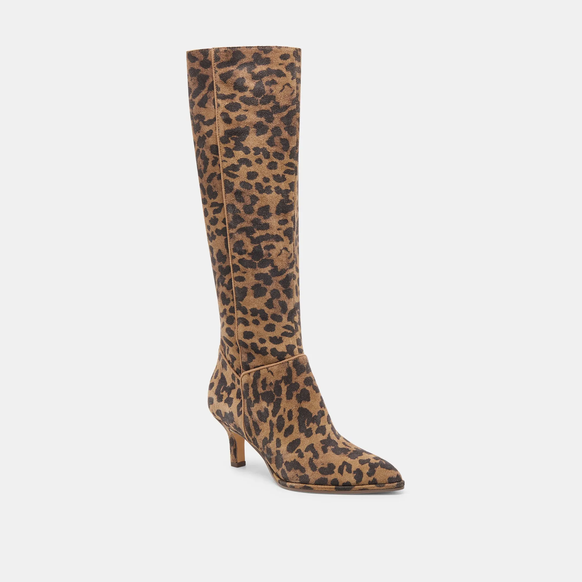 ALDY WIDE CALF BOOTS BROWN LEOPARD PRINTED SUEDE City Trek Stable Support Windy Weather