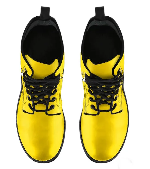 White Cat, Black Cat, Yellow Women's Vegan Leather Combat Boots