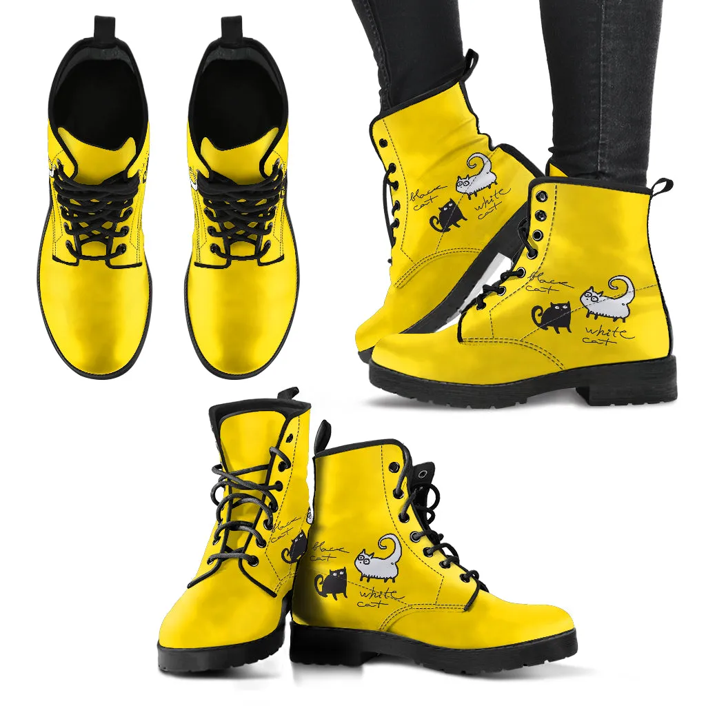 White Cat, Black Cat, Yellow Women's Vegan Leather Combat Boots