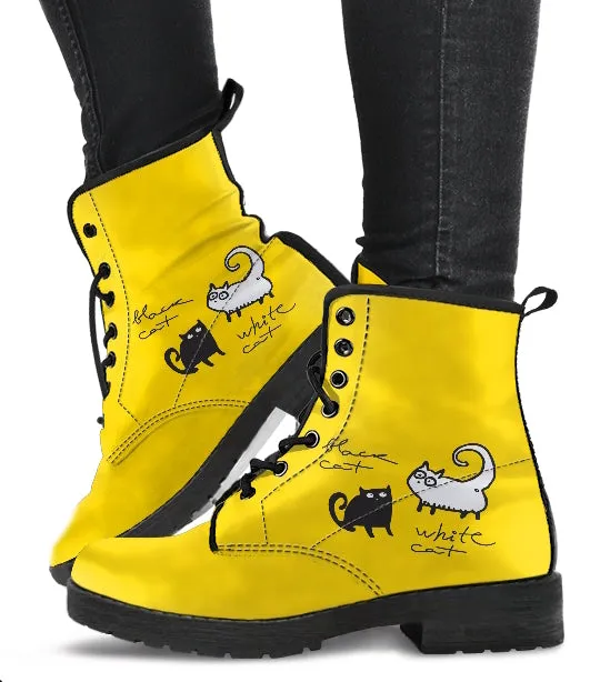White Cat, Black Cat, Yellow Women's Vegan Leather Combat Boots