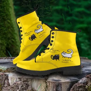 White Cat, Black Cat, Yellow Women's Vegan Leather Combat Boots