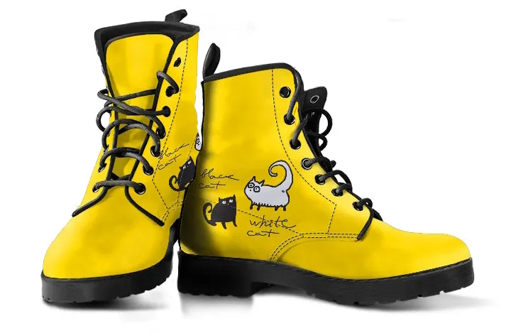 White Cat, Black Cat, Yellow Women's Vegan Leather Combat Boots