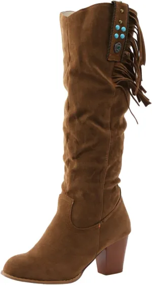 White Cowgirl Boots Casual Square Heel Thigh High Boots Tassel Knee High Boots Suede Pull On Tall Bootie