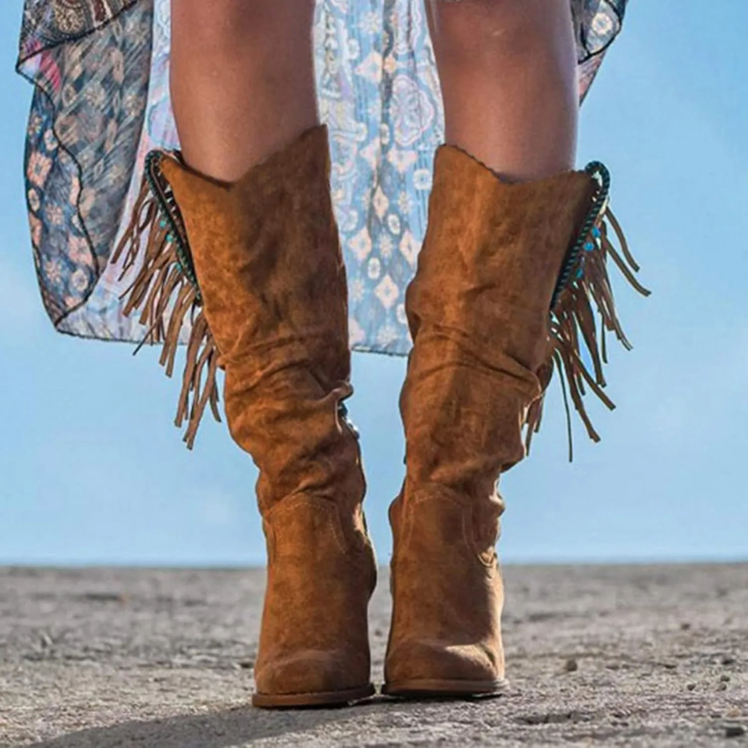 White Cowgirl Boots Casual Square Heel Thigh High Boots Tassel Knee High Boots Suede Pull On Tall Bootie