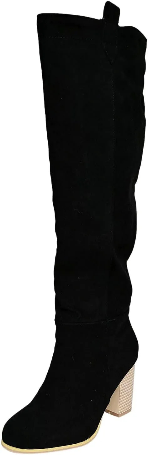 White Cowgirl Boots High Chunky Heeled Knee High Boots Pull On Pointed Suede Thigh High Boots Long Bootie