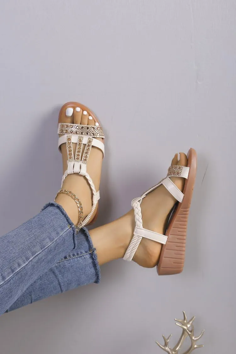 Wide Width Sandals for Women, 2025 Beige Sandals for Women Dressy Summer Comfortable Open Toe Flip Flops Rhinestone Beaded Bohemia Beach Shoes Slip On Dressy Flat with 2PCS Heart Shape Anklet