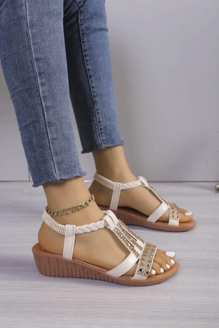 Wide Width Sandals for Women, 2025 Beige Sandals for Women Dressy Summer Comfortable Open Toe Flip Flops Rhinestone Beaded Bohemia Beach Shoes Slip On Dressy Flat with 2PCS Heart Shape Anklet