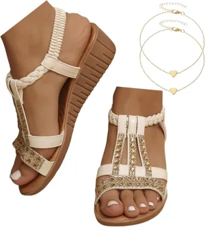 Wide Width Sandals for Women, 2025 Beige Sandals for Women Dressy Summer Comfortable Open Toe Flip Flops Rhinestone Beaded Bohemia Beach Shoes Slip On Dressy Flat with 2PCS Heart Shape Anklet