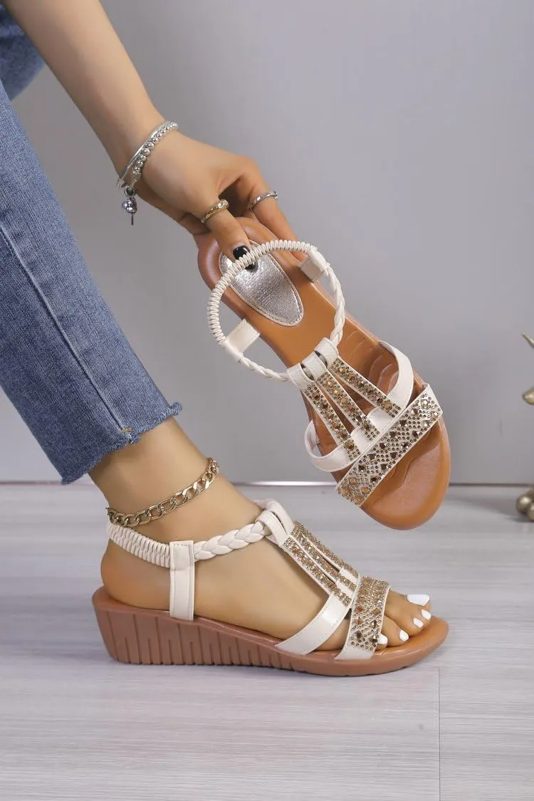 Wide Width Sandals for Women, 2025 Beige Sandals for Women Dressy Summer Comfortable Open Toe Flip Flops Rhinestone Beaded Bohemia Beach Shoes Slip On Dressy Flat with 2PCS Heart Shape Anklet