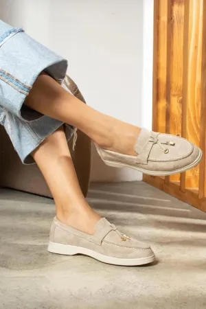 WILMA BEIGE FAUX SUEDE TASSEL LOAFERS