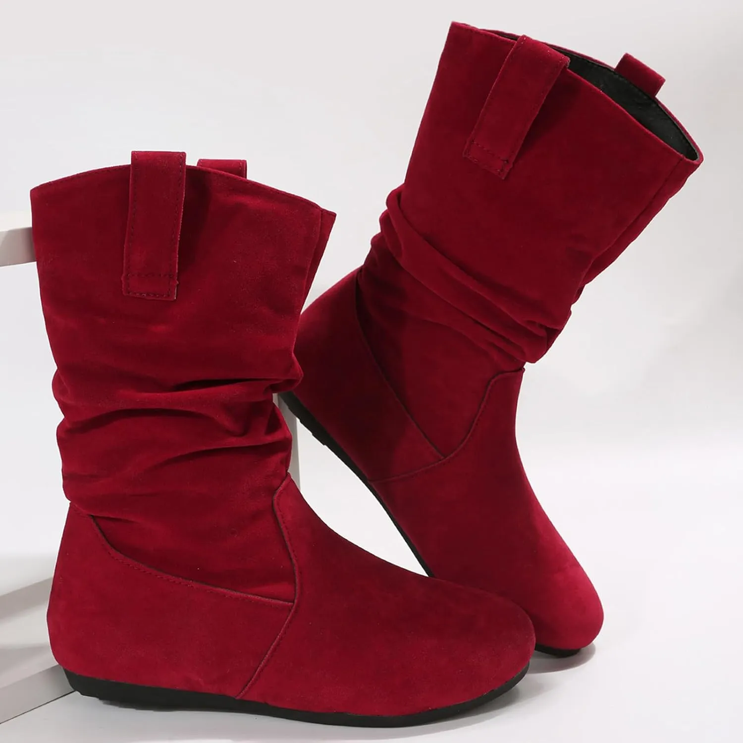 Winter Boots For Women Suede Flats Mid Calf Boots Pleated Thigh High Boots Pull On Winter Winter Warm Bootie