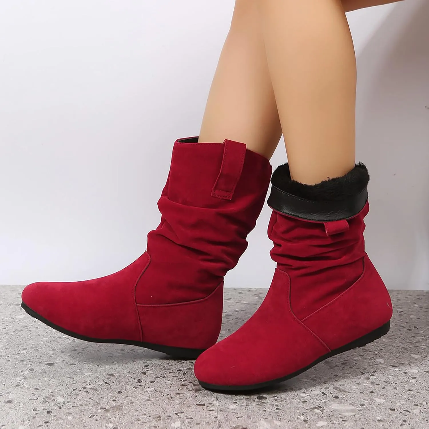 Winter Boots For Women Suede Flats Mid Calf Boots Pleated Thigh High Boots Pull On Winter Winter Warm Bootie
