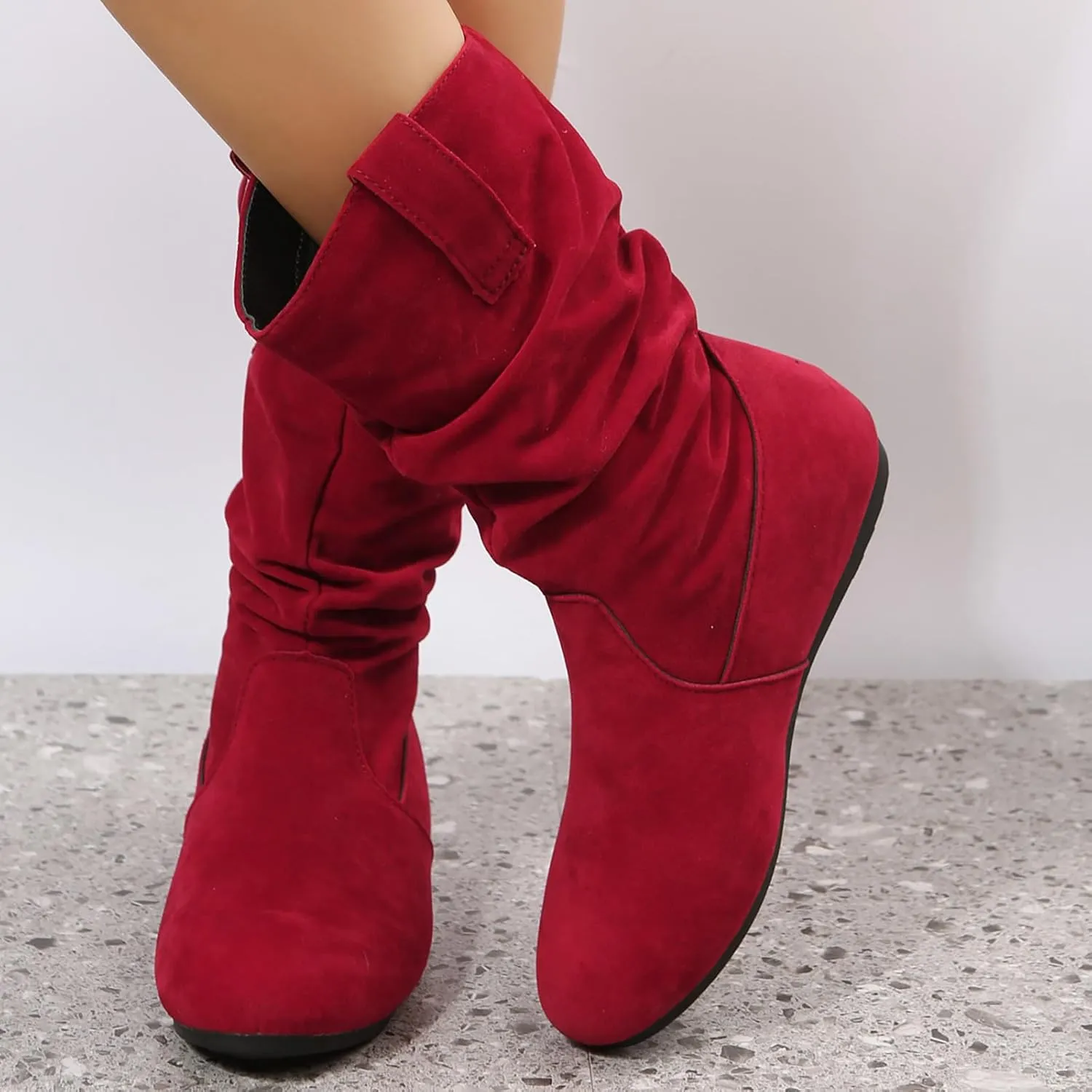 Winter Boots For Women Suede Flats Mid Calf Boots Pleated Thigh High Boots Pull On Winter Winter Warm Bootie