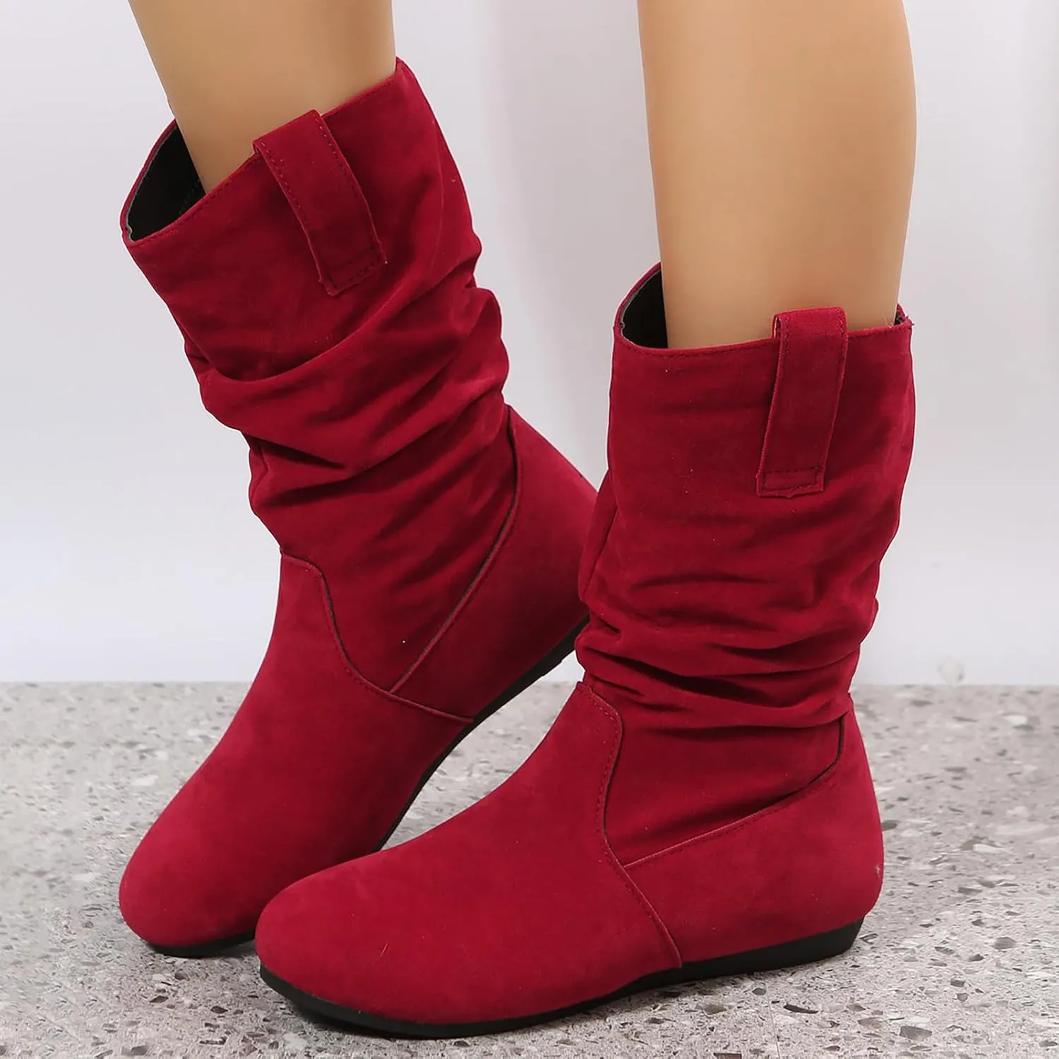 Winter Boots For Women Suede Flats Mid Calf Boots Pleated Thigh High Boots Pull On Winter Winter Warm Bootie