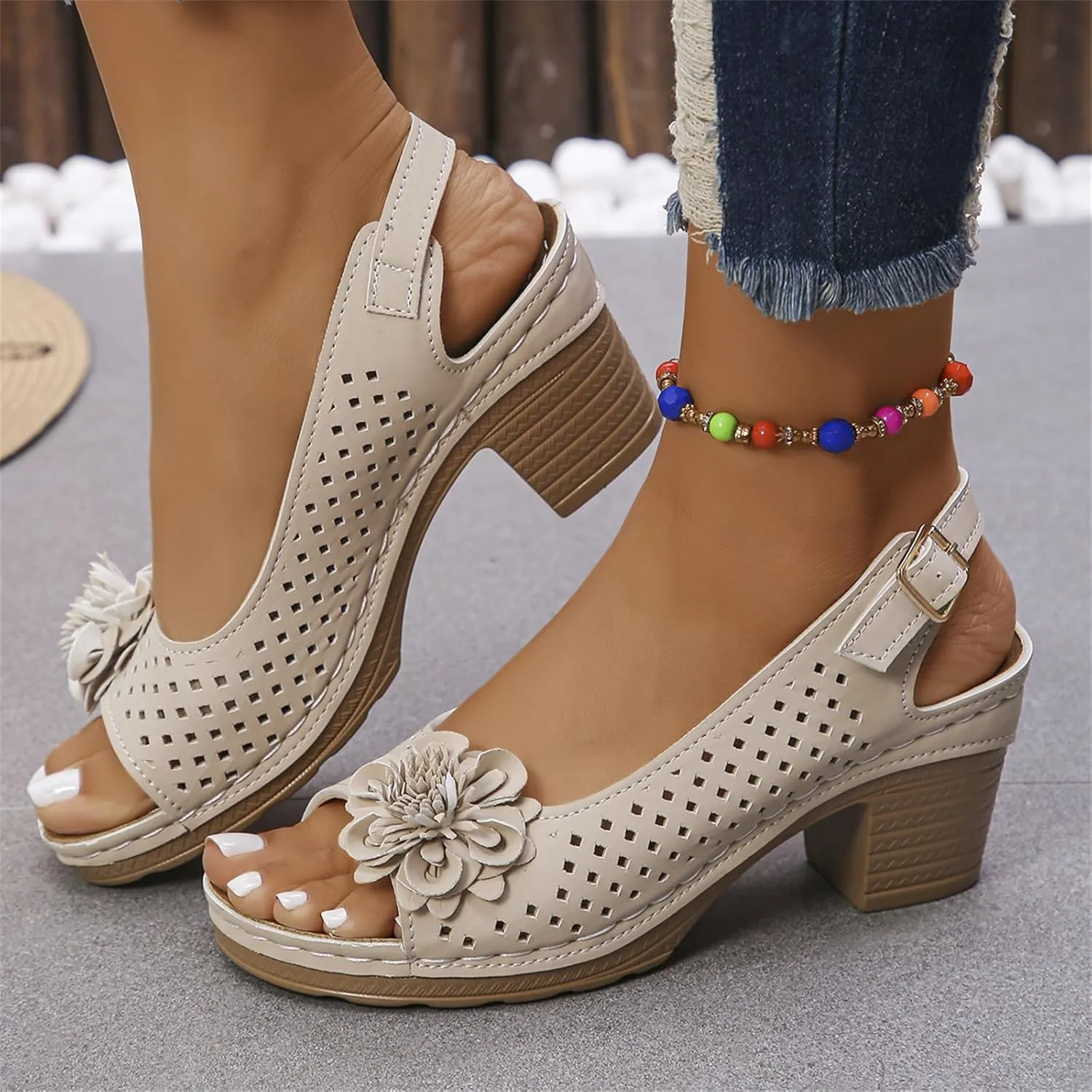 Women Flower Chunky Heel Sandals Open Toe Ankle Strap Platform Block High Heels Wedding Party Dressy Floral Heeled Sandals