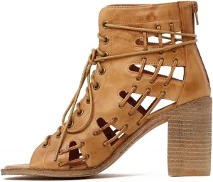Women Gladiator Sandals Boots Open Peep Square Toe Lace Up Caged Sandal Booties Chunky Block High Heels Cutout Zipper Summer Booties for Ladies Office Party Dressy Vintage Comfort 4-11 M US