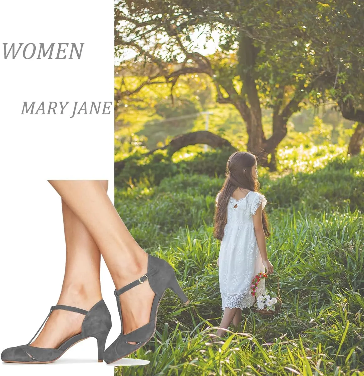 Women Kitten Heels Mary Jane Pumps Shoes Ankle T-Strap Closed Round Toe Sandals Heeled Cut Out Suede Mary Janes Dress Shoe Mid Thin Heel Patchwork Office Ladies Wedding Party Dance 4-11 M US