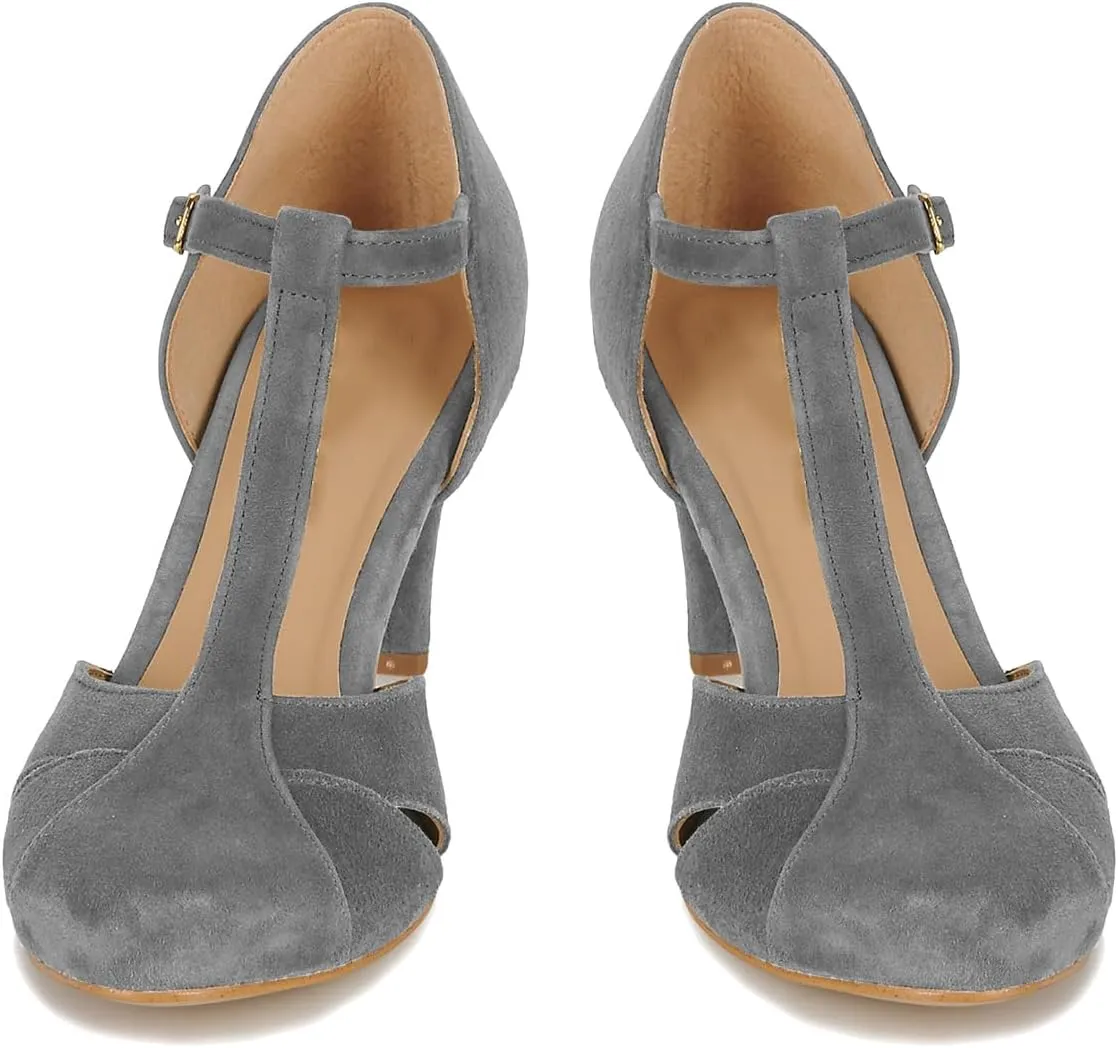 Women Kitten Heels Mary Jane Pumps Shoes Ankle T-Strap Closed Round Toe Sandals Heeled Cut Out Suede Mary Janes Dress Shoe Mid Thin Heel Patchwork Office Ladies Wedding Party Dance 4-11 M US