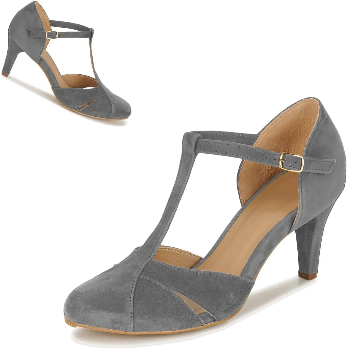 Women Kitten Heels Mary Jane Pumps Shoes Ankle T-Strap Closed Round Toe Sandals Heeled Cut Out Suede Mary Janes Dress Shoe Mid Thin Heel Patchwork Office Ladies Wedding Party Dance 4-11 M US