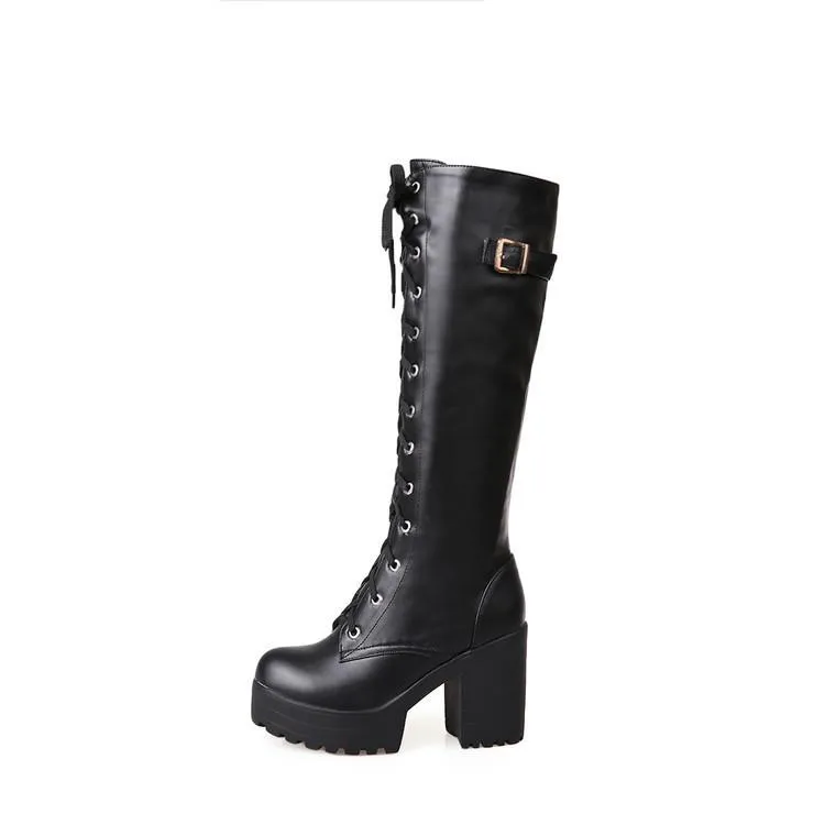 Women Platform Chunky Heel Lace Up Long Boots