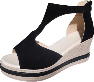 Women Wedge Sandals Peep Toe Slip On Platforms T Strap Zipper Back Sandals Slip On Comfort High Heeled Dress Shoes