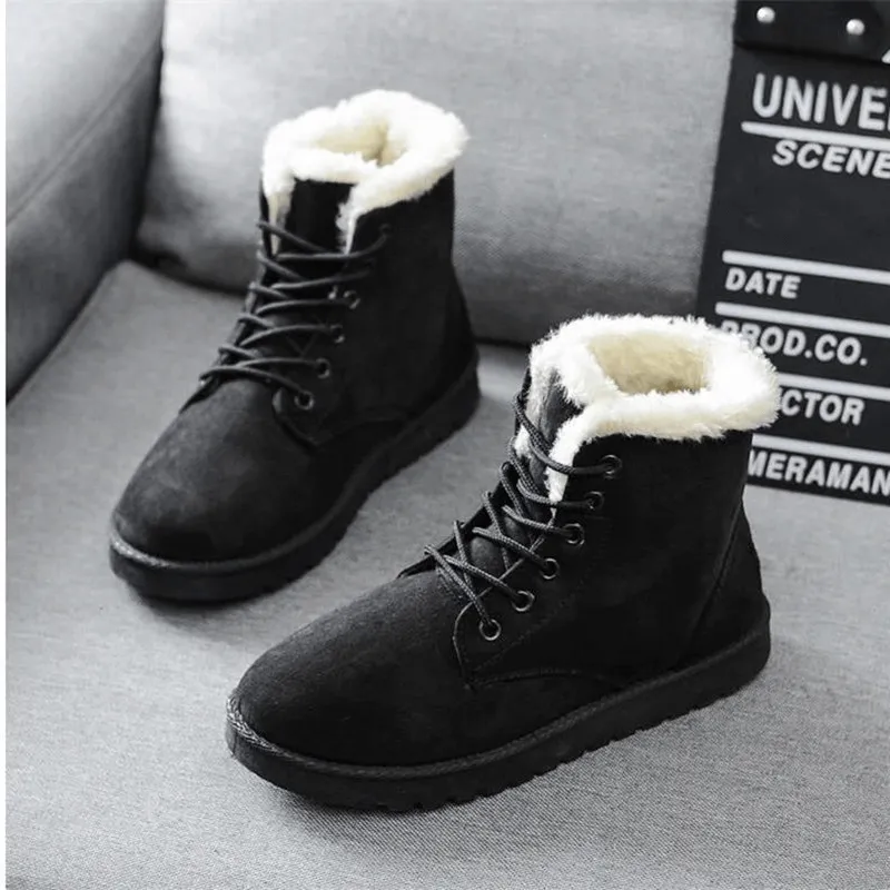 Women Winter Snow Boots Warm Lace Flat Shoes