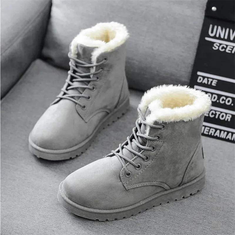Women Winter Snow Boots Warm Lace Flat Shoes