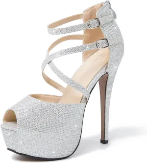 Women's Ankle Cross Strap Sandals Platform Stiletto Dress Zip