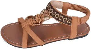Women's Bohemian Leather Sandals Summer Flat Slide Beach Shoes Comfortable Arch Support Casual Ankle Strap