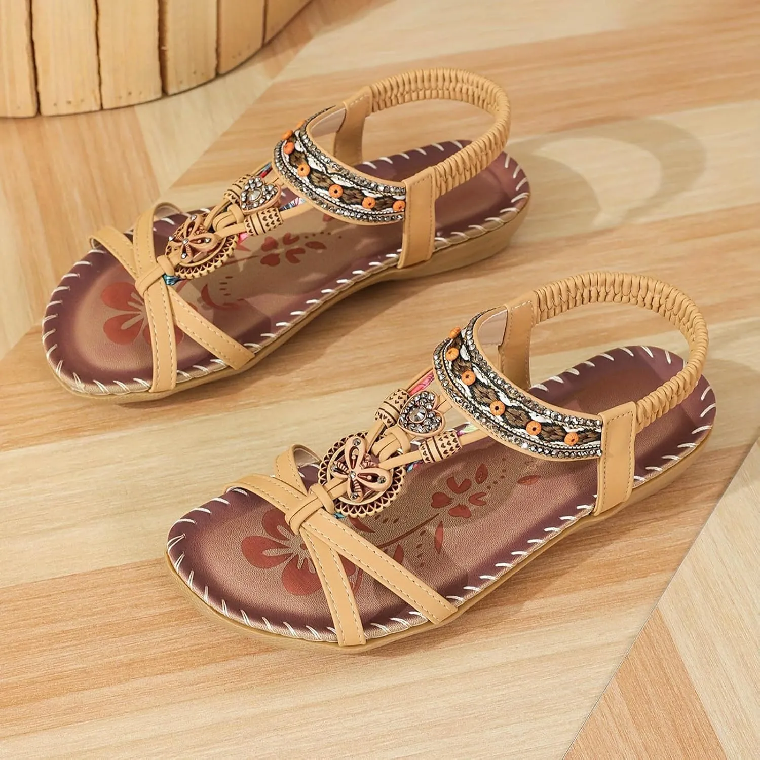 Women's Bohemian Sandals Summer Casual Slip On Low Heel Comfortable Beach Walking Shoes with Arch Support