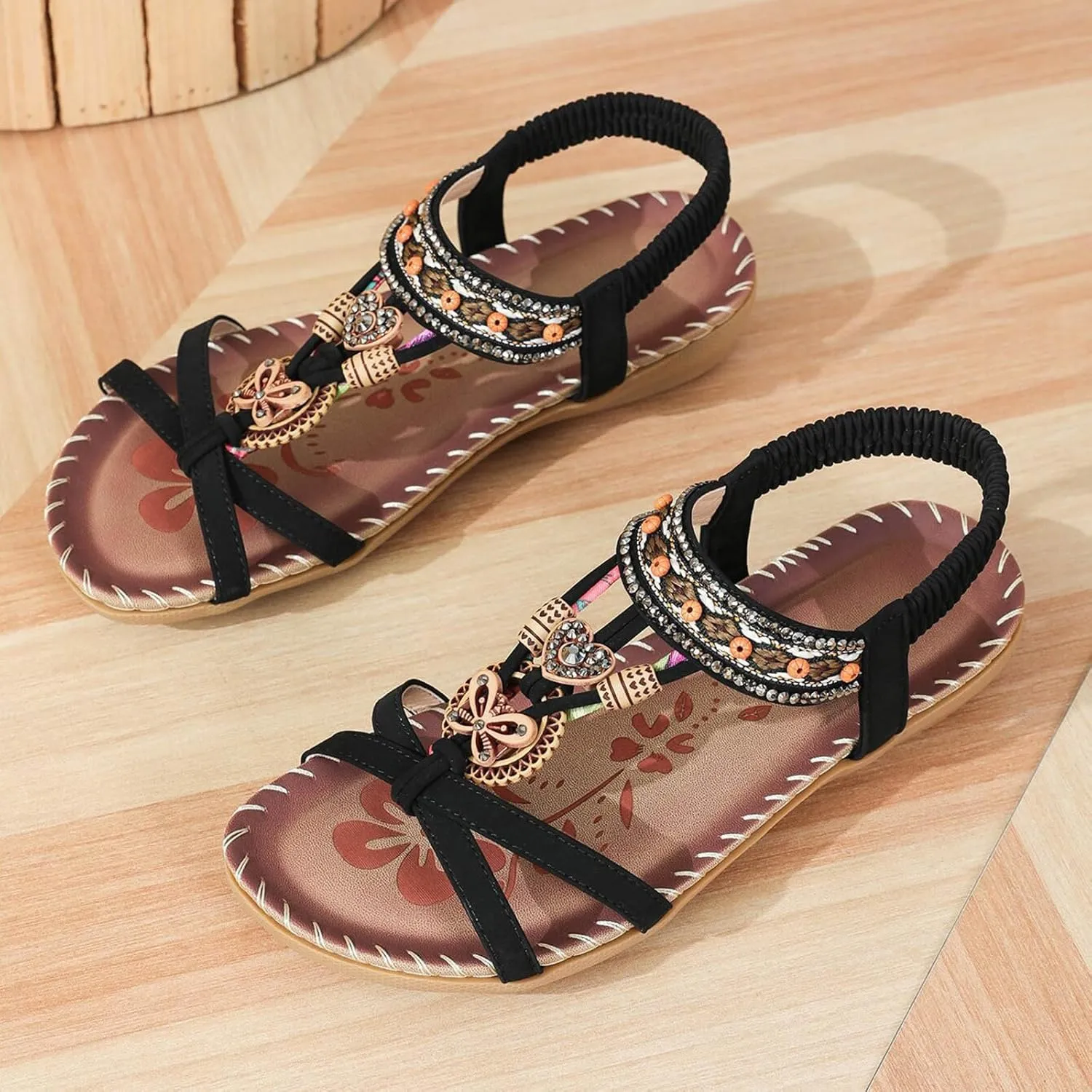 Women's Bohemian Sandals Summer Casual Slip On Low Heel Comfortable Beach Walking Shoes with Arch Support