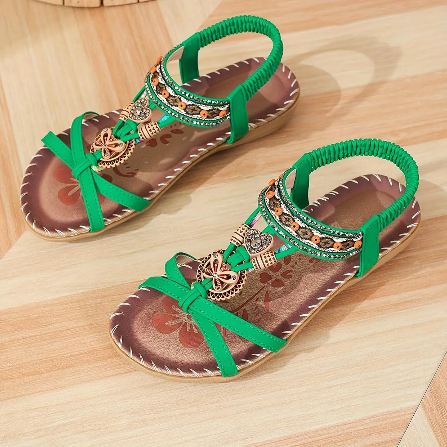 Women's Bohemian Sandals Summer Casual Slip On Low Heel Comfortable Beach Walking Shoes with Arch Support