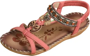 Women's Bohemian Sandals Summer Casual Slip On Low Heel Comfortable Beach Walking Shoes with Arch Support