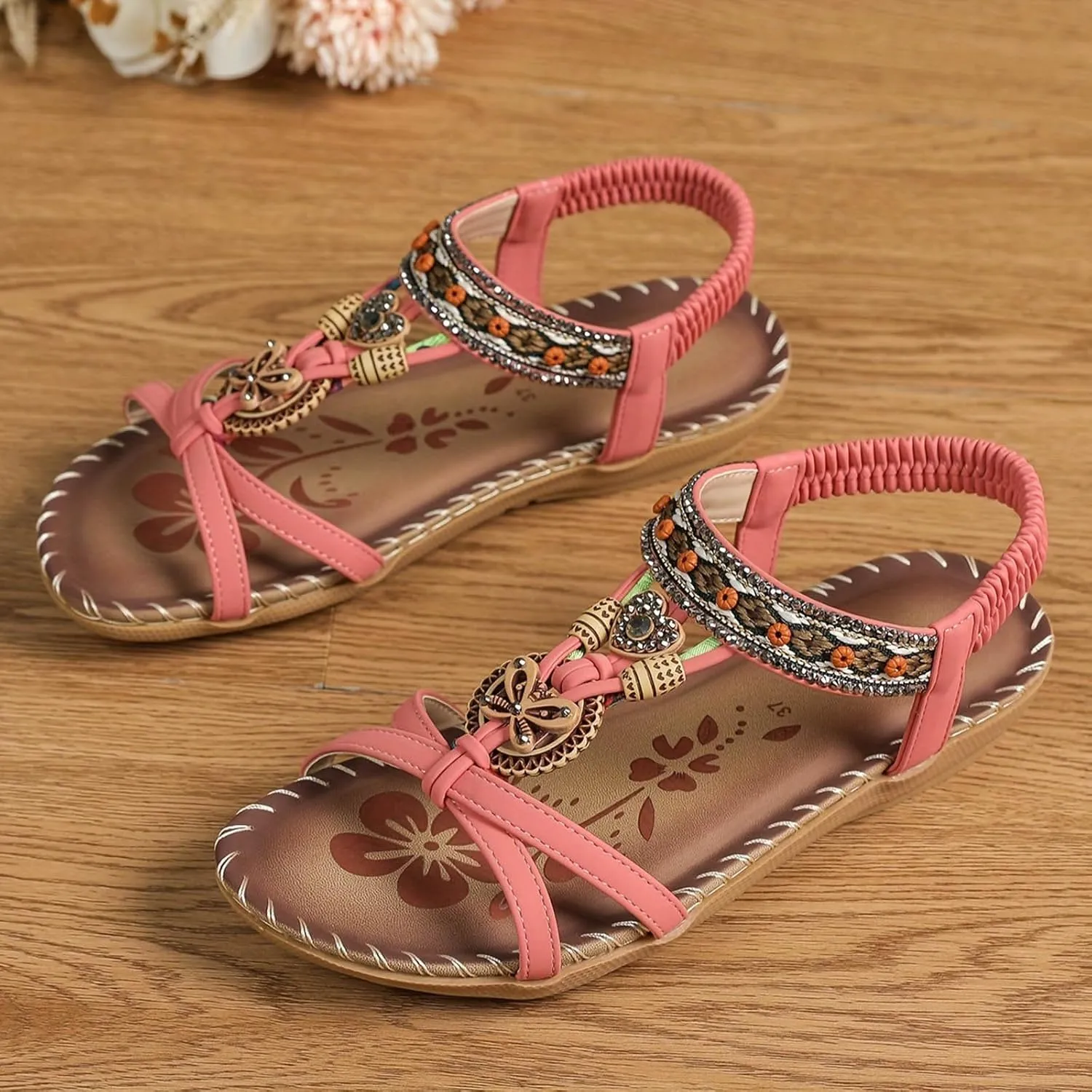 Women's Bohemian Sandals Summer Casual Slip On Low Heel Comfortable Beach Walking Shoes with Arch Support