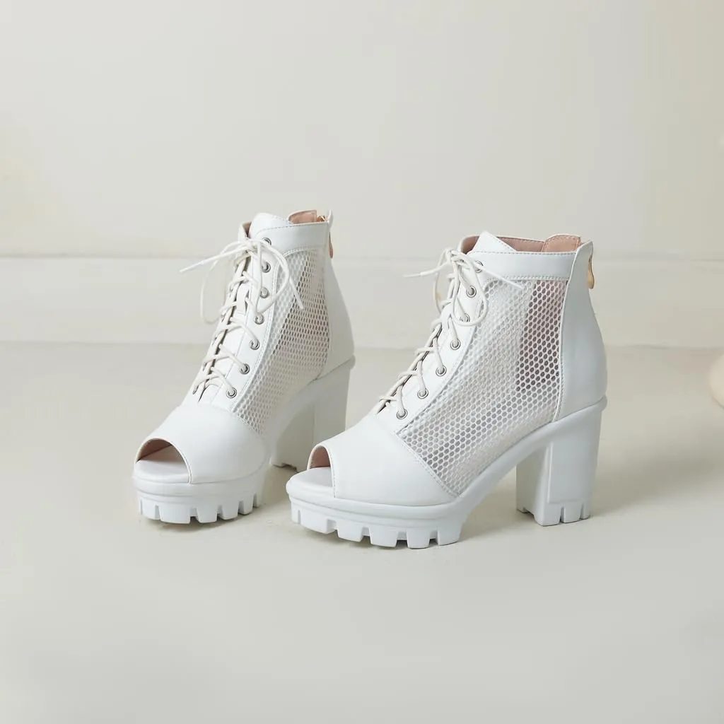 Women's Chunky Block Heeled Sandals Peep Toe Platform High Heels Lace Up Zip Summer Dressy Ankle Booties
