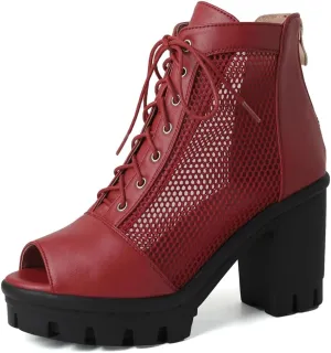 Women's Chunky Block Heeled Sandals Peep Toe Platform High Heels Lace Up Zip Summer Dressy Ankle Booties