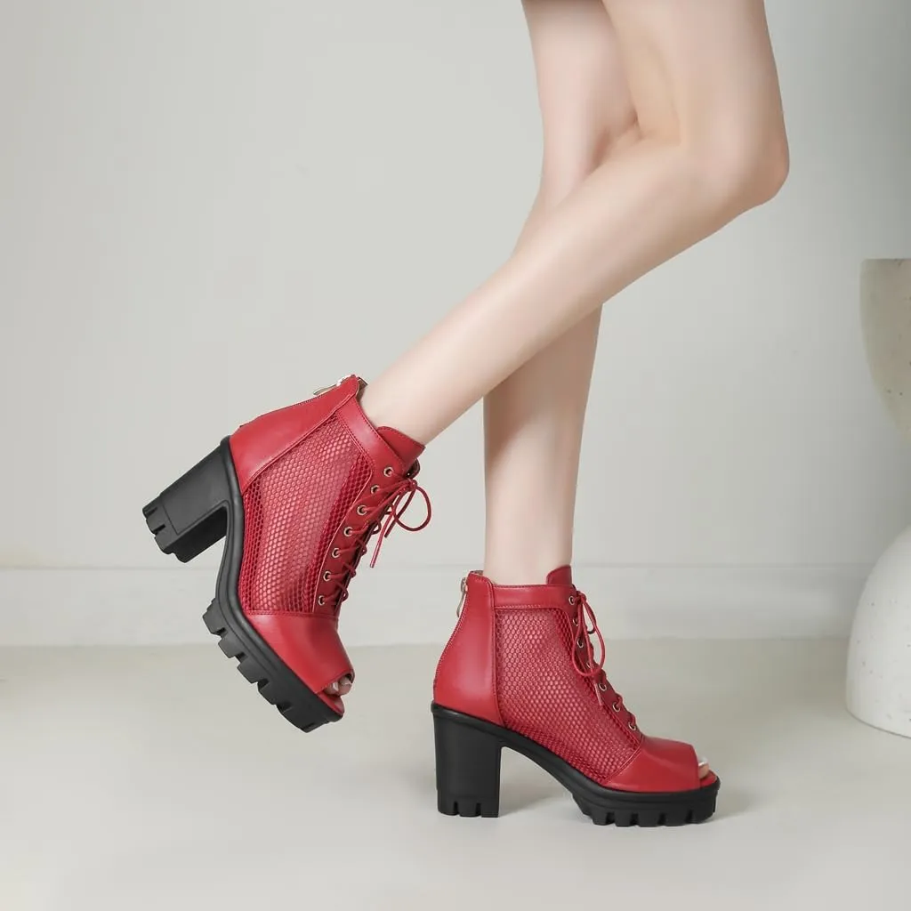 Women's Chunky Block Heeled Sandals Peep Toe Platform High Heels Lace Up Zip Summer Dressy Ankle Booties