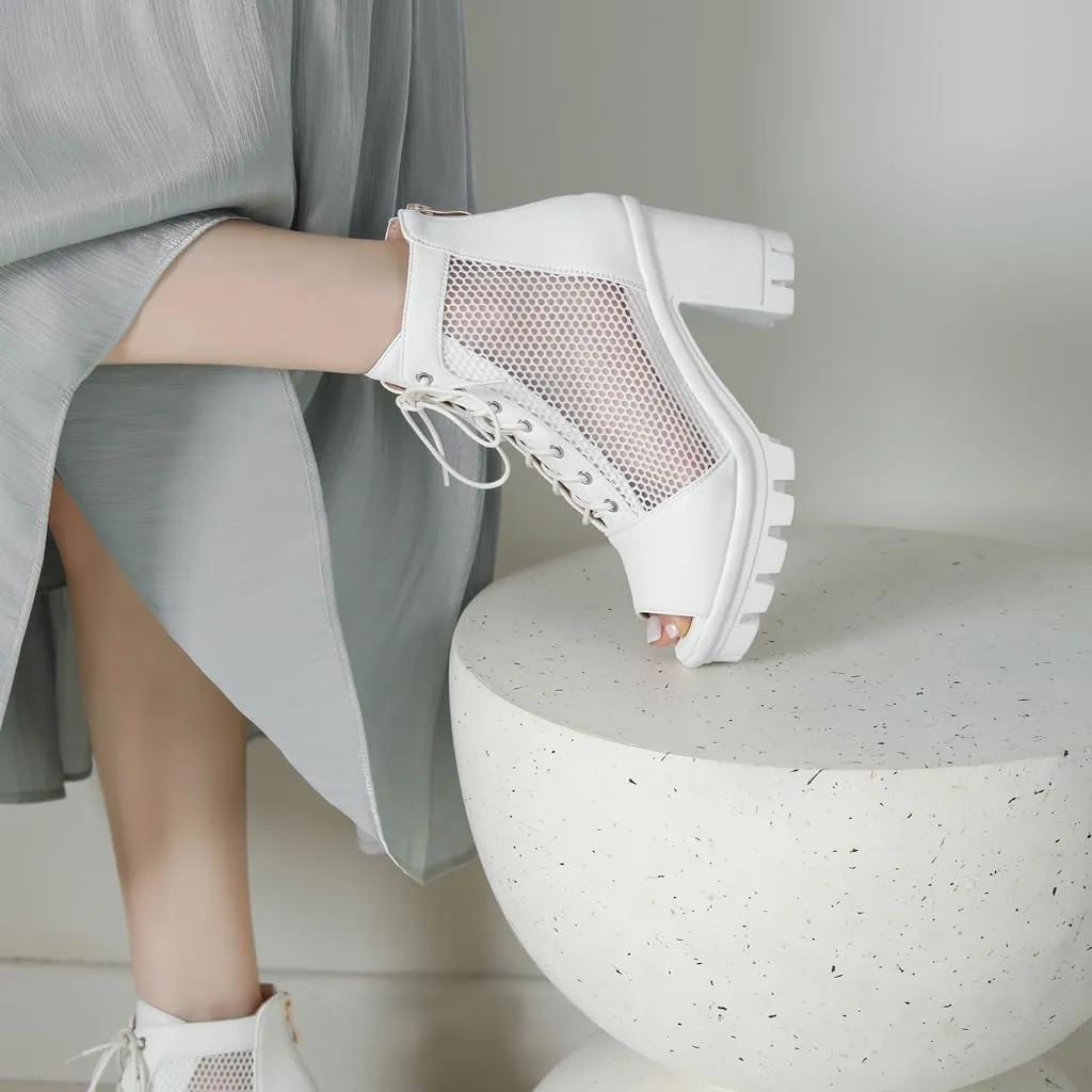 Women's Chunky Block Heeled Sandals Peep Toe Platform High Heels Lace Up Zip Summer Dressy Ankle Booties