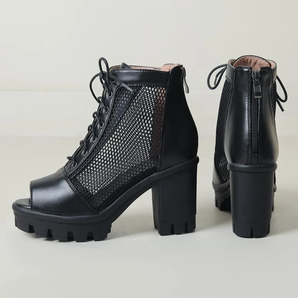 Women's Chunky Block Heeled Sandals Peep Toe Platform High Heels Lace Up Zip Summer Dressy Ankle Booties