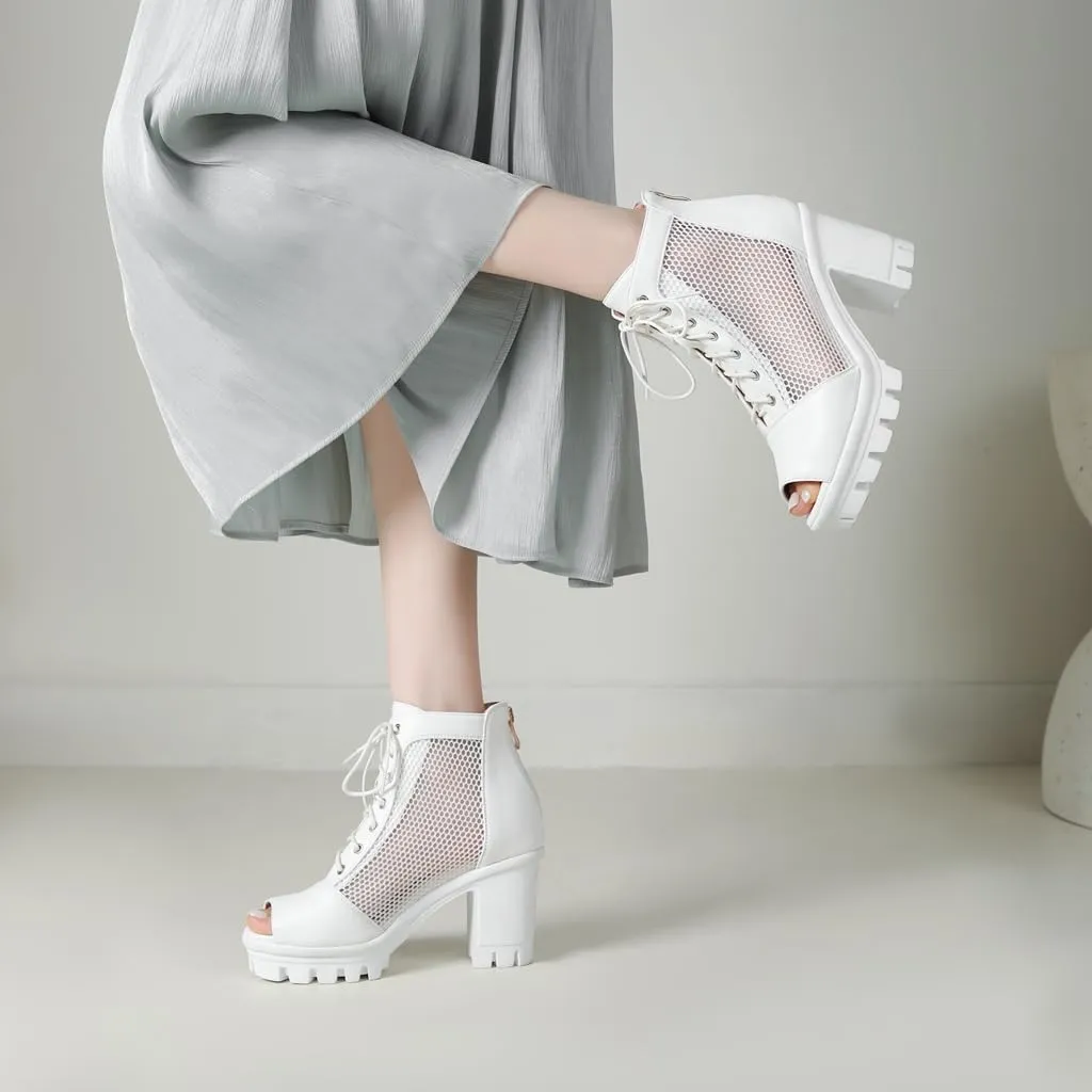 Women's Chunky Block Heeled Sandals Peep Toe Platform High Heels Lace Up Zip Summer Dressy Ankle Booties