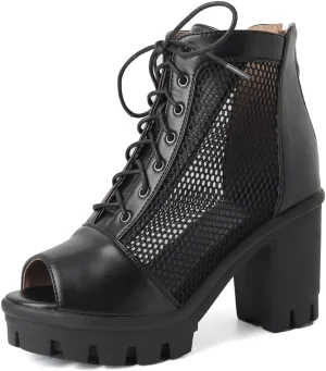 Women's Chunky Block Heeled Sandals Peep Toe Platform High Heels Lace Up Zip Summer Dressy Ankle Booties