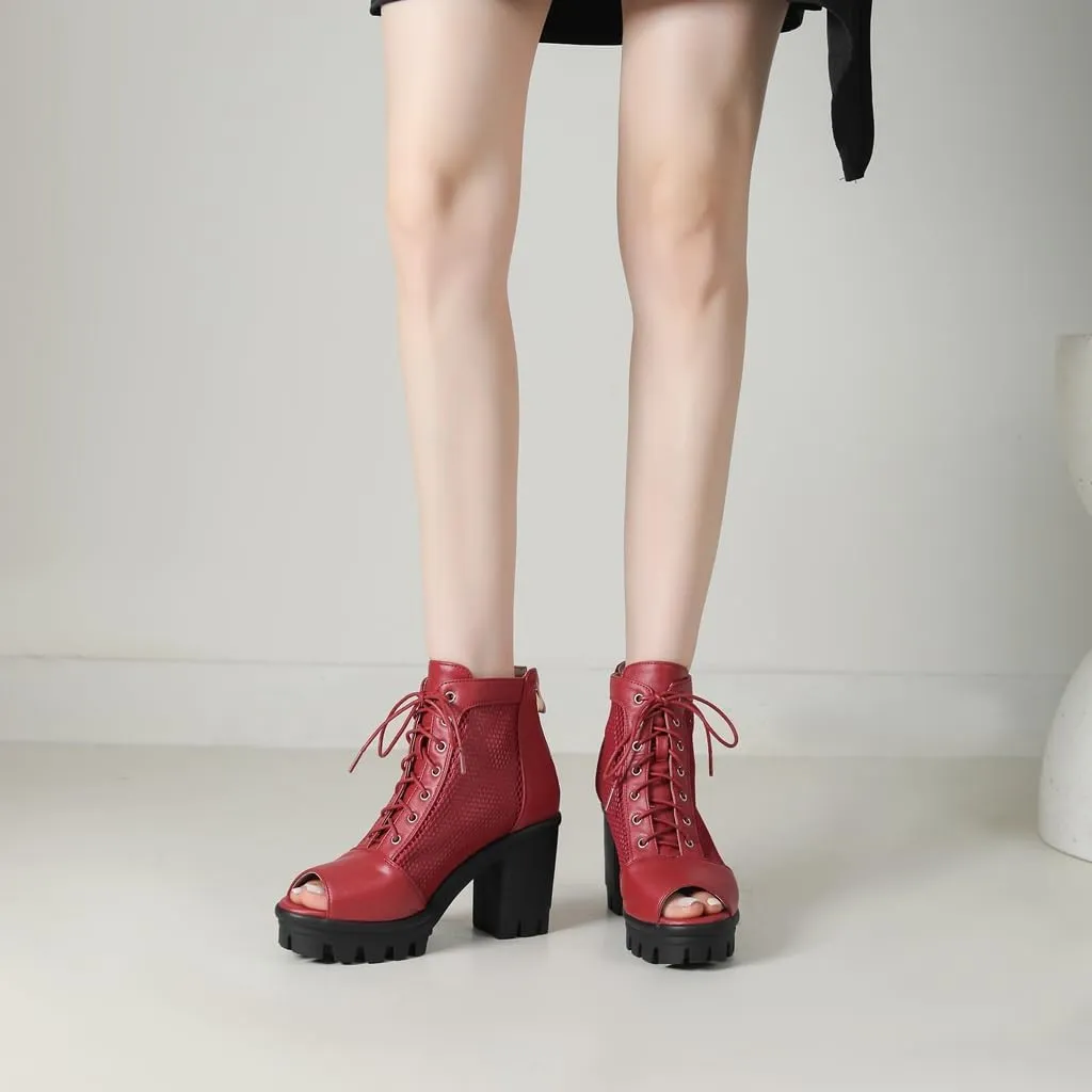 Women's Chunky Block Heeled Sandals Peep Toe Platform High Heels Lace Up Zip Summer Dressy Ankle Booties