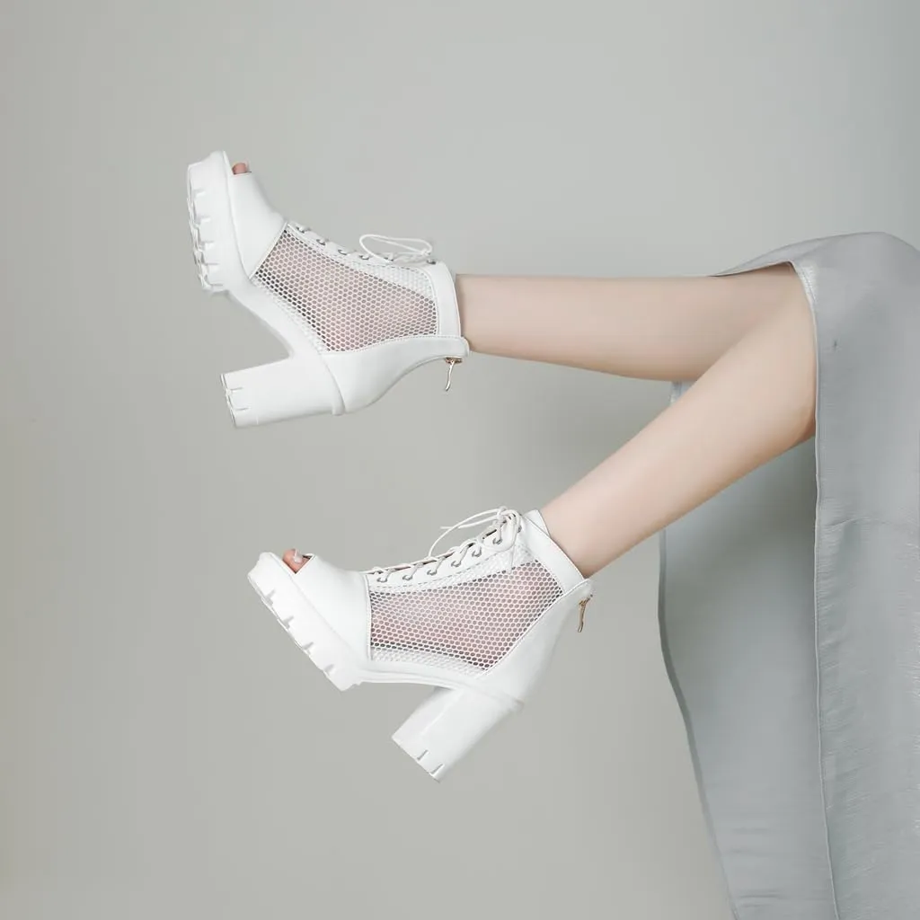 Women's Chunky Block Heeled Sandals Peep Toe Platform High Heels Lace Up Zip Summer Dressy Ankle Booties