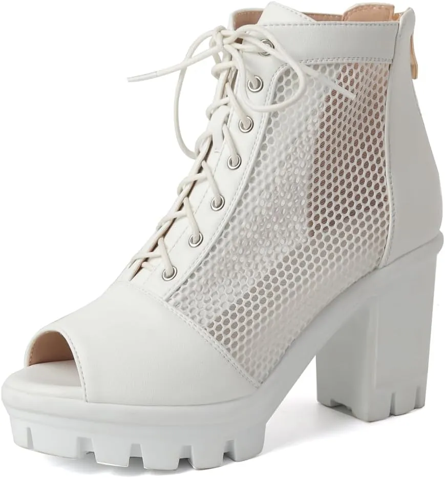 Women's Chunky Block Heeled Sandals Peep Toe Platform High Heels Lace Up Zip Summer Dressy Ankle Booties