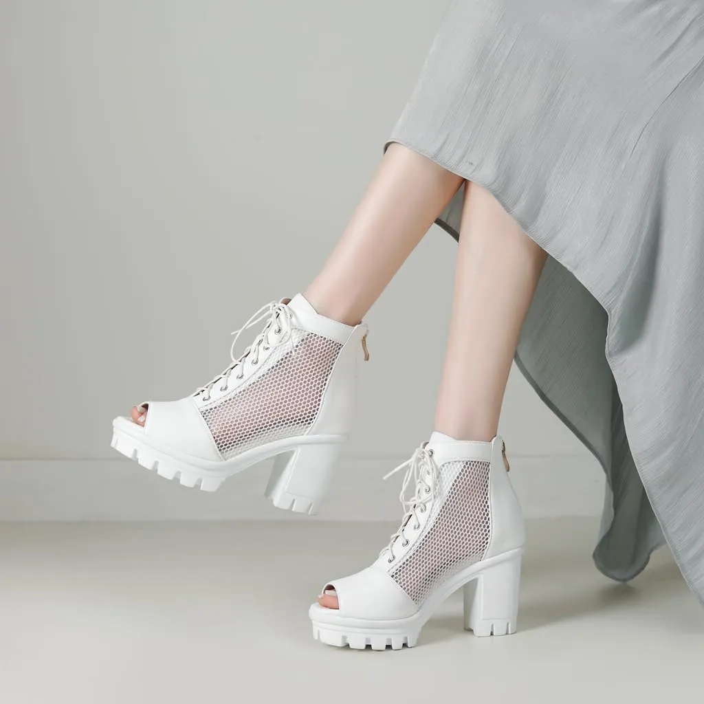 Women's Chunky Block Heeled Sandals Peep Toe Platform High Heels Lace Up Zip Summer Dressy Ankle Booties
