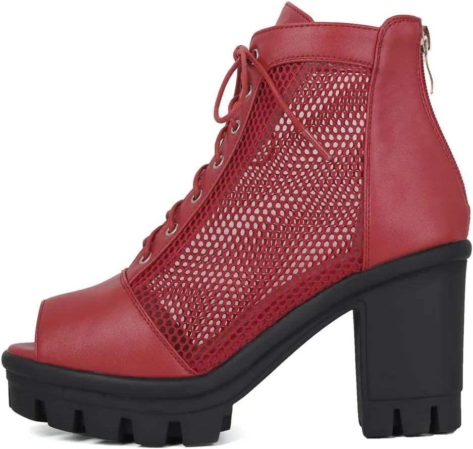 Women's Chunky Block Heeled Sandals Peep Toe Platform High Heels Lace Up Zip Summer Dressy Ankle Booties
