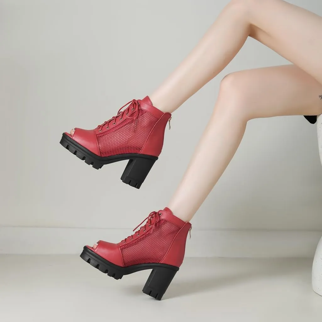 Women's Chunky Block Heeled Sandals Peep Toe Platform High Heels Lace Up Zip Summer Dressy Ankle Booties