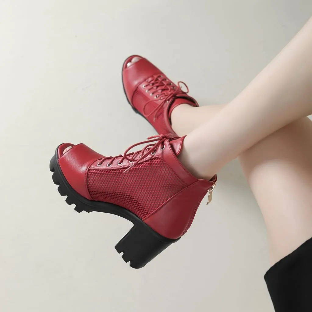 Women's Chunky Block Heeled Sandals Peep Toe Platform High Heels Lace Up Zip Summer Dressy Ankle Booties