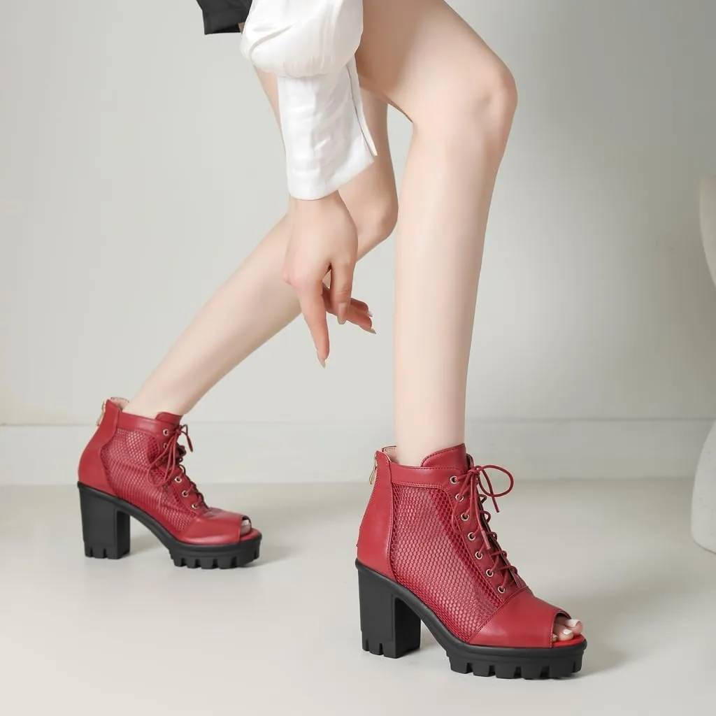 Women's Chunky Block Heeled Sandals Peep Toe Platform High Heels Lace Up Zip Summer Dressy Ankle Booties